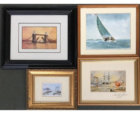 After Sandy Gore, tall ships in Weymouth Harbour, colour print, 9x14cm, one other 9x14cm; John Garrett, watercolour of a yach