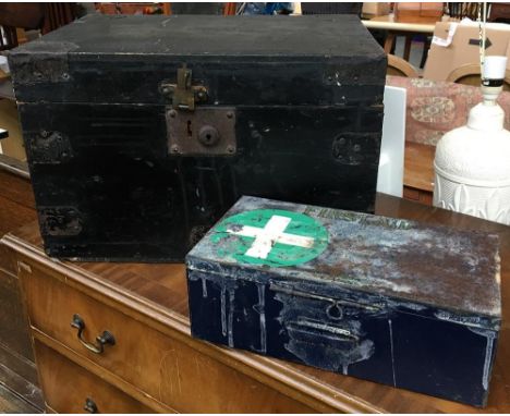 A vintage black pine box, 46x32x30cm, together with an enamel first aid tin, 32cmW 