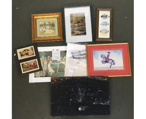 A mixed lot of pictures and prints, two include watercolour sheep grazing; Barbara Hartigan, 'Castleconnell'; Tate Gallery Wi
