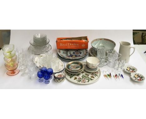 A mixed lot of glass and ceramics, to include Royal Doulton 'Burgundy', Royal Doulton ramekins; cut glass tumblers; portmeiri