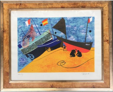 Peter Edwards (b.1934) Beach &amp; Fishing Boats circa 1975. Lithograph Signed Artists proof 40cm x 55cm 