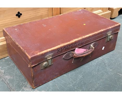 A vintage leather suitcase, canvas lined, 71cmW; together with one other similar the top marked 'P.F Moule' 