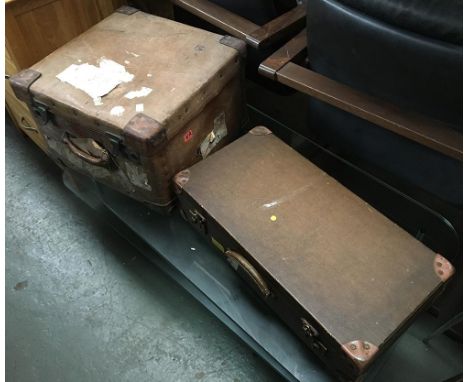 A vintage square suitcase, with leather corners, together with one other 