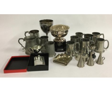 A mixed lot comprising mainly pewter tankards, pineapple and mouse snuffers, hip flask, ash trays, etc 