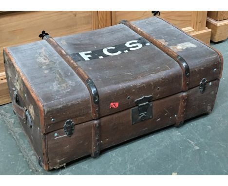 A canvas and woodbanded travel trunk, the top monogrammed F.C.S, 76cmW 