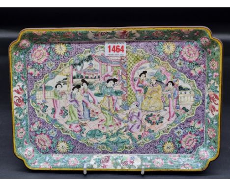 A 19th century Chinese Canton enamel rectangular tray, 19th century, painted with an emperor and attendants, 31cm wide. 