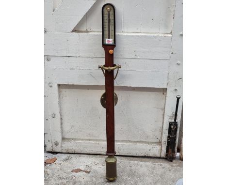 A good reproduction mahogany marine stick barometer, with brass gimbal mount, 91cm high. 