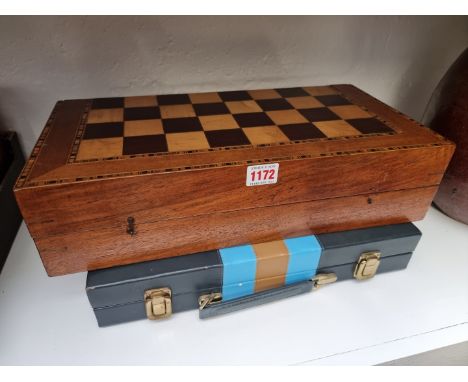 A walnut and inlaid folding combined backgammon and chequer board, 42.5cm wide; together with another modern backgammon set. 