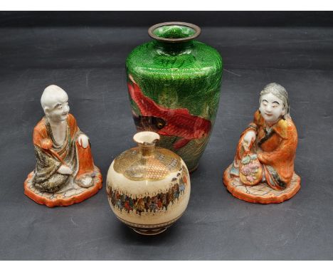 A pair of Japanese Kutani porcelain seated figures, each inscribed to base, 11cm high; together with a Japanese Satsuma ovoid