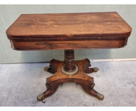 A William IV rosewood pedestal card table,&nbsp;with unusual brass push button lock mechanism, 91cm wide.&nbsp; 
