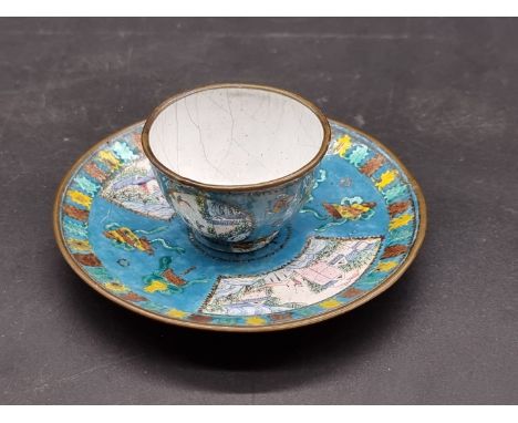 A small Chinese canton enamel wine bowl and saucer,&nbsp;18th century, painted with landscape panels and auspicious objects, 