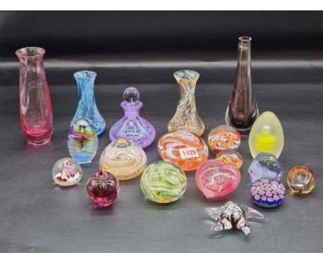 Fourteen various glass paperweights, to include Caithness; together with four Caithness vases; and another bottle and stopper