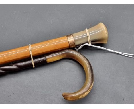 A horn handled hardwood walking stick, together with another malacca cane. (2) 