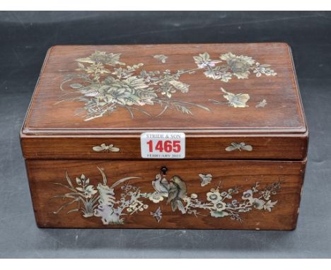 A Chinese hardwood and mother-of-pearl inlaid jewellery casket,&nbsp;21cm wide.&nbsp; 