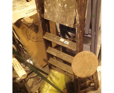 Two pairs of vintage wooden step ladders and a folding stool. Not available for in-house P&amp;P 