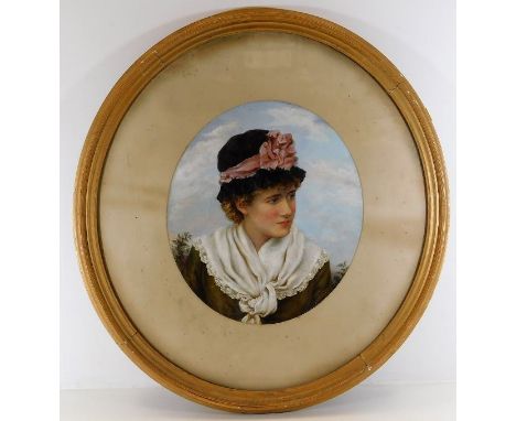 A 19thC. Alice Renshaw gilt framed oval portrait depicting attractive young woman signed, image size 13.75in high x 11.75in w