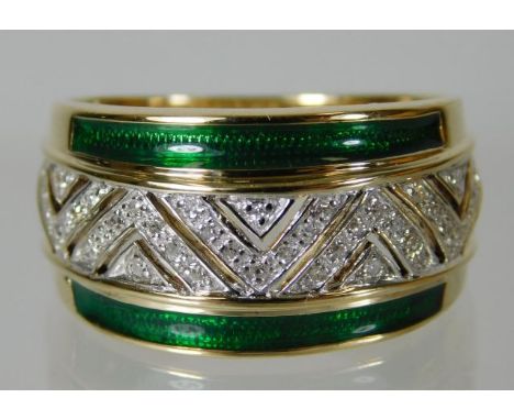 A 9ct gold ring set with diamonds &amp; enamel banding 8.3g size W