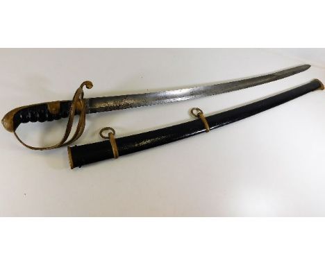 A 19thC. curved blade sword with steel scabbard 40.5in long