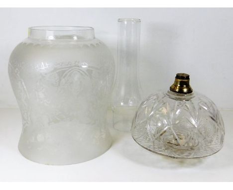 An antique cut glass oil lamp well, an etched oil lamp shade &amp; glass chimney