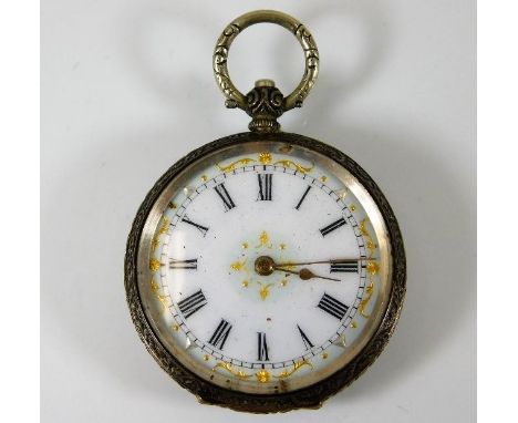 A small silver pocket watch with enamel face