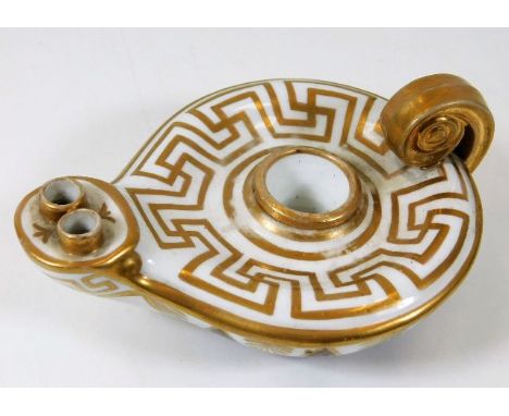 An early 19thC. porcelain inkwell in the form of an oil lamp signed by E. Hulse dated 1804 5.25in wide