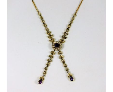 An antique 9ct gold necklace set with amethyst &amp; pearl