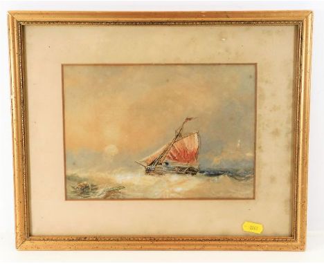 A framed seascape depicting sailboat, lighthouse &amp; stormy seas, image size 9.5in x 6.5in 