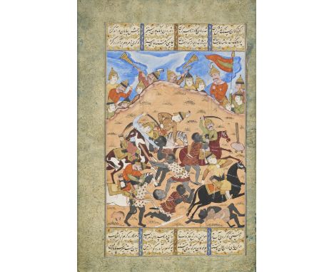 Early Qajar miniature painting, dating to the 19th century, vividly depicts an intense battle scene. The artwork showcases mo