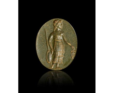 A GREEN ROMAN JASPER INTAGLIO WITH A STANDING FIGURE OF MINERVA, 2ND CENTURY A.D.&nbsp;    L: 1.6cm&nbsp;