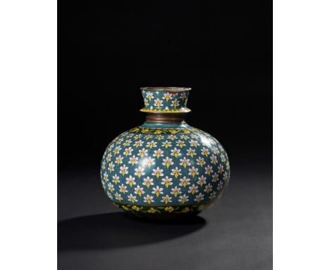 This rare and exquisite 18th-19th century enamelled copper huqqa base is adorned with vibrant white and yellow floral motifs 