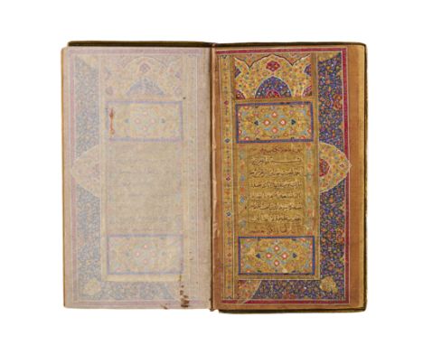 An illuminated Safavid Quran, signed by Mohammed Sadiq, is dated AH 1085 / AD 1674. The manuscript is adorned with richly det