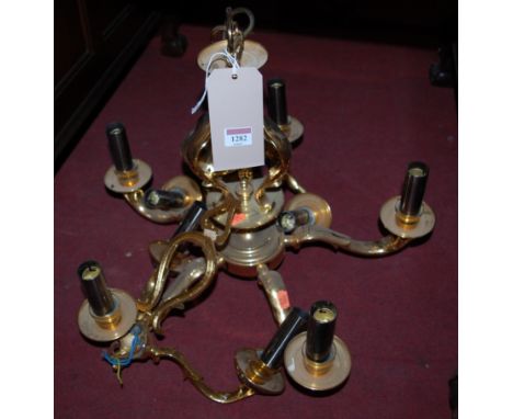 A contemporary Dutch style brass five light hanging electrolier; together with a pair of matching twin branch wall lights (3)