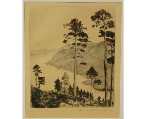 Donald Crawford - pair landscape etchings, each signed in pencil, 15x12cm, together with fashion print, and a gilt framed boa