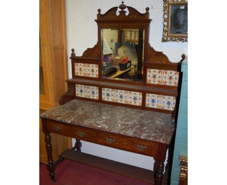 A good Sheraton Revival mahogany and floral satinwood inlaid marble top mirror back wash stand, having a tiled splashback, tw