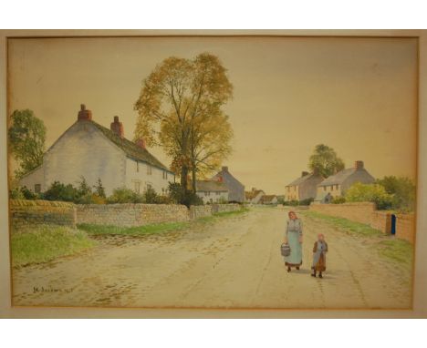M Jackson - figures on a village lane, pair watercolours, each signed, dated 1913, 30.5x46cm