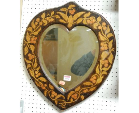 A Dutch penwork floral decorated heart shaped bevelled wall mirror   Condition Report / Extra Information  We would suggest e