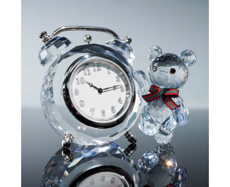 Charming Swarovski Silver Crystal table clock featuring the beloved Kris Bear figurine, model number 212687. The Kris Bear is