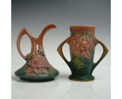 Pair of sculptural art pottery pieces by Roseville in the Water Lily pattern, including one ewer (shape 10-6) and one double-