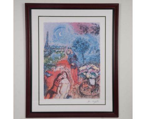 Marc Chagall limited edition offset color lithograph titled Eiffel Tower Serenade, numbered 147/500. This colorful compositio
