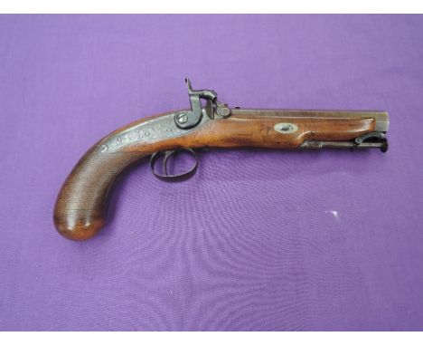 A 19th century Percussion Pistol having octagonal barrel marked Newcastle On Tyne, Burnand to decorated lock plate, decorated