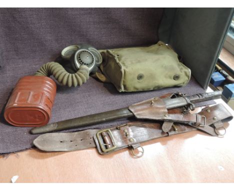 A WW2 Home Guard Equipment, to include Gas Mask in Military carry satchel,  WW1 Bayonet pattern 1913,  Remmington US on blade