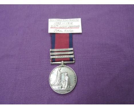 A Military General Service Medal to JOHN KELLY 20th LT Dragoons with three clasps, Toulouse, Vittoria and Salamanca, possible