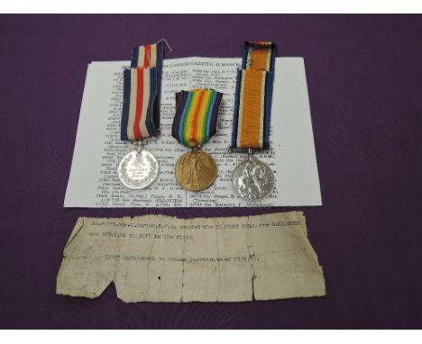 A WW1 Military Medal Trio to 80373 BMBR.C.CARTER.R.F.A, Military Medal, War Medal and Victory Medal. 31827 Supplement to Lond