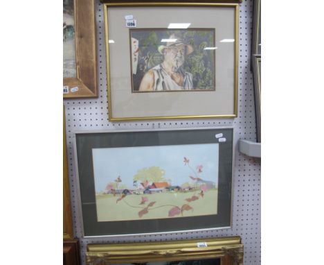 Joan Warner 'Red Campion', watercolour, signed lower right, 25.5cm x 41.5cm. M. Cox Study of a Pipe Smoking Gentleman, signed