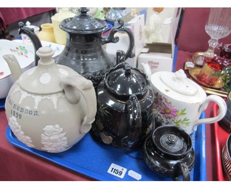 A XIX Century Stoneware Teapot, with inscription "Mrs Hudson 1899", other XIX Century teapots:- One Tray.