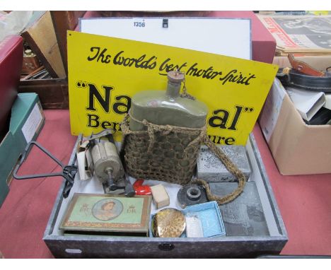'National' Metal Wall sign. Military water canister and hand generator V.A 2878 Gen-R 'C' 1940. Stratton lipstick case, etc.