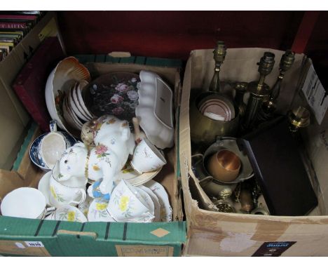 Brassware, table lamps, collectors plates, Melba tea ware, Franklin Mint Imperial Puppy of Satsuma, etc:- Two Boxes