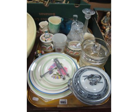 Devon Cake Stand, Honiton, Sylvac, other ceramics, glass trinkets, etc:- One Tray.