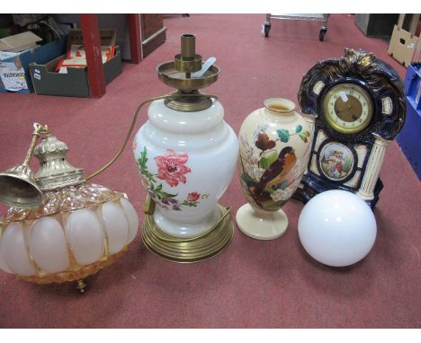 An Early XX Century Pottery Cased Mantle Clock, 44.5cm high (chips), hand painted tan glass ovoid vase, table and ceiling lig