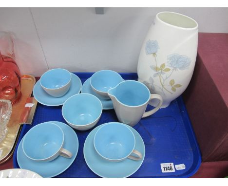 Poole Pottery Twin Tone Set of Four Cups and Saucers, turquoise / grey, with matching jug and sugar bowl; a Wedgwood Ice Rose